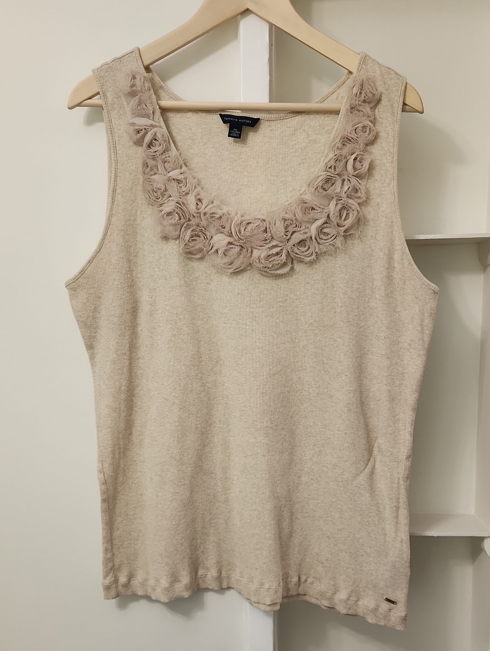 Tommy Hilfiger Beige Rib Knit Rosette Embellished Tank Top Cotton Size XXL